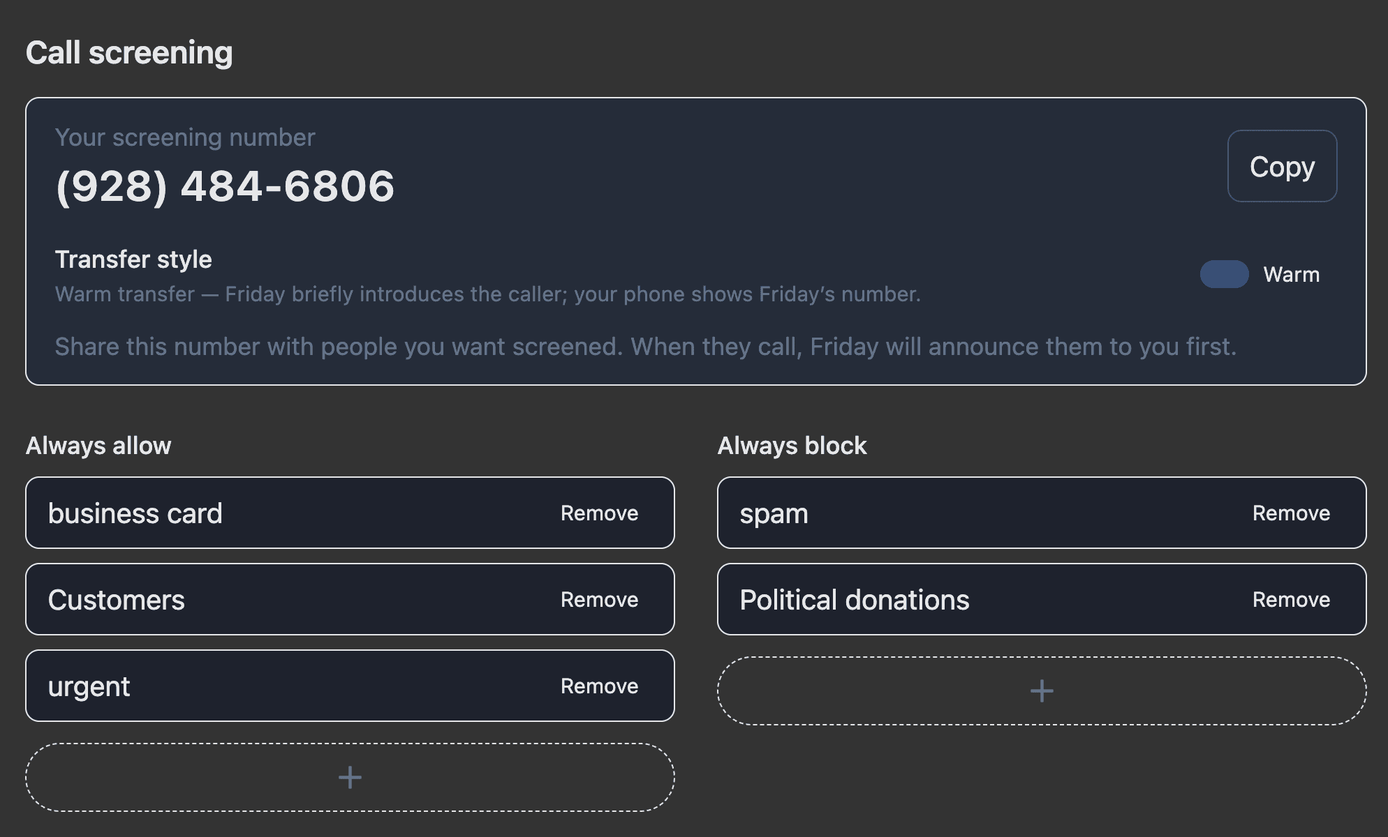 Friday screening policy—criteria to allow or block calls